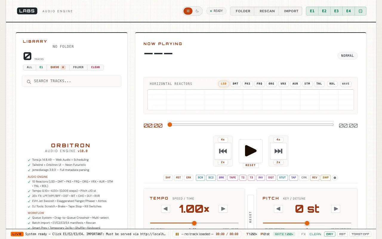 The Audio engine on labs.llc at desktop width: a library panel with no folder loaded, the Now Playing deck with previous, play and next buttons, and tempo and pitch controls reading 1.00x and 0 semitones.