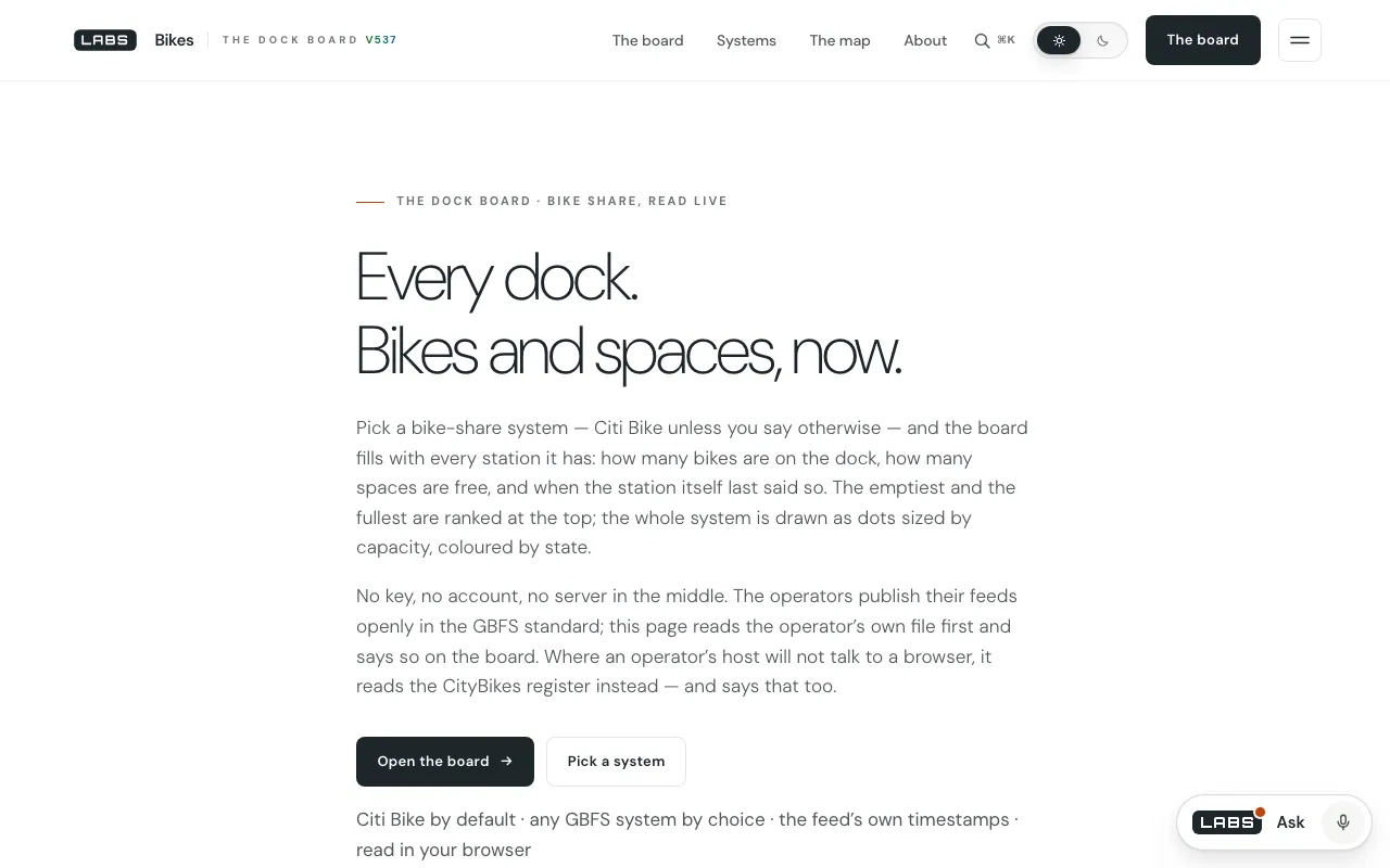 The Bikes dock board on labs.llc at desktop width: the headline “Every dock. Bikes and spaces, now.”, two paragraphs on GBFS feeds and the CityBikes register, and buttons to open the board or pick a system.