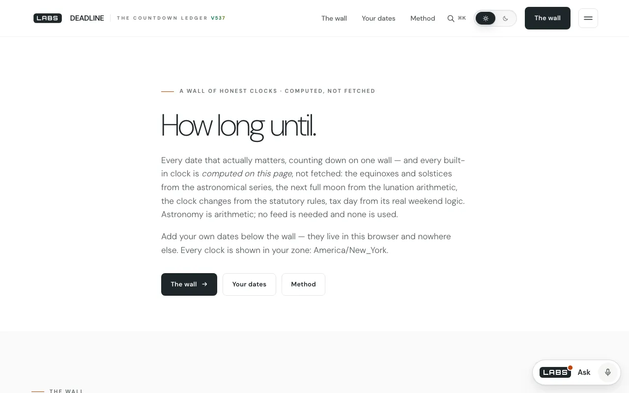 The Deadline page on labs.llc at desktop width: the headline “How long until.”, a paragraph saying every date is computed on the page, and the time zone the clocks are shown in, America/New_York.