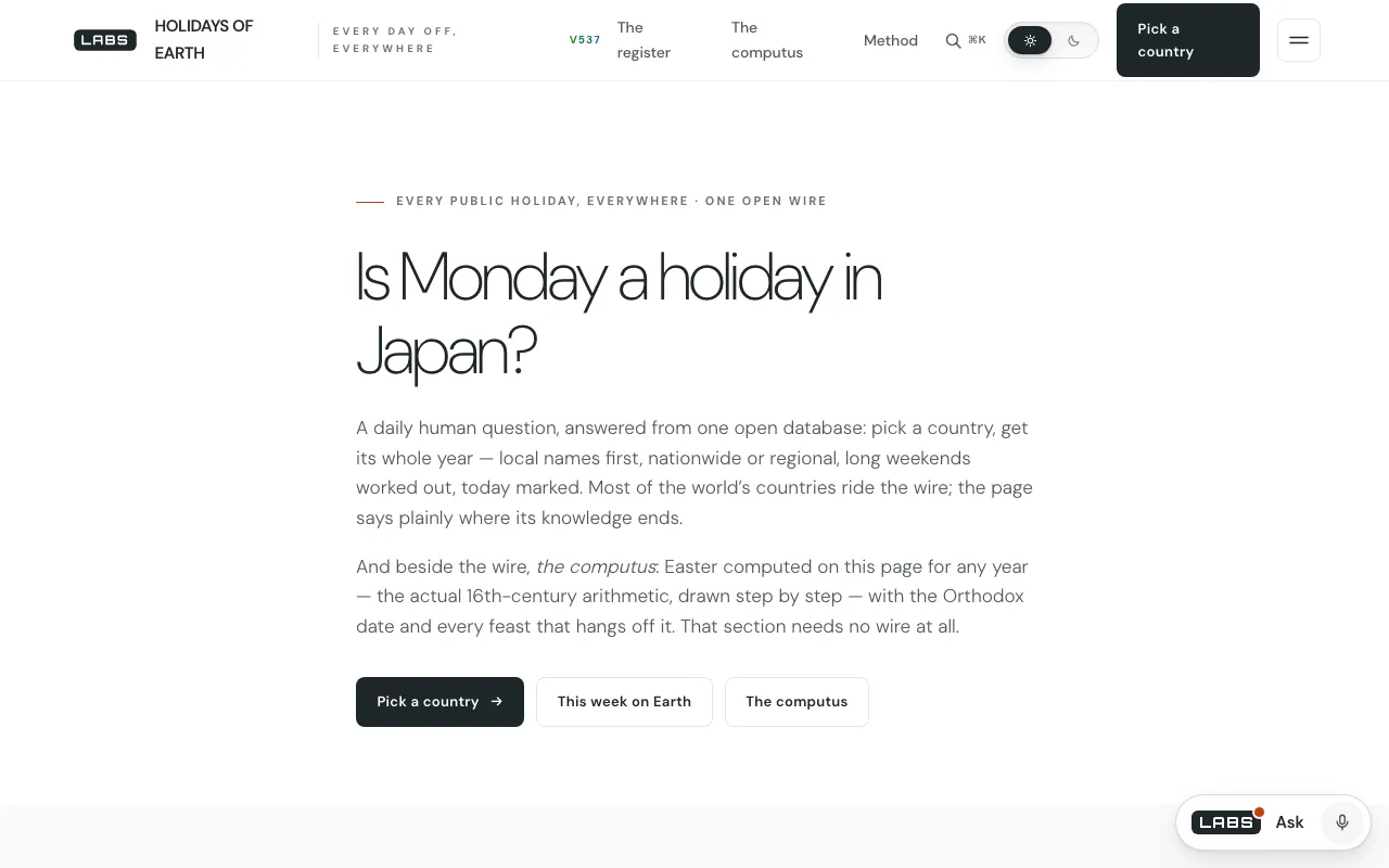 The Holidays page on labs.llc at desktop width: the headline “Is Monday a holiday in Japan?”, two paragraphs on the open holiday database and the Easter computus, and a Pick a country button.