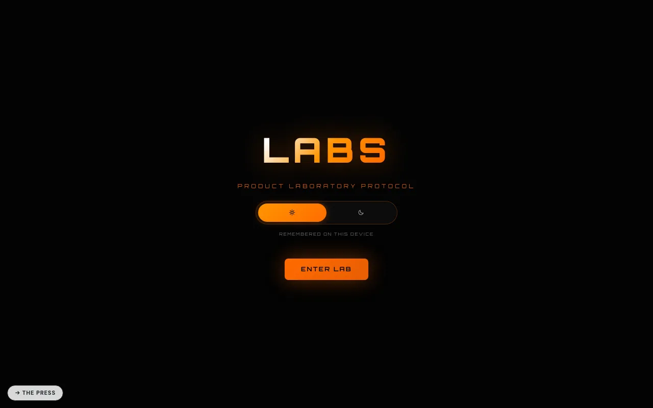 The Product Lab entry screen on labs.llc at desktop width: the orange LABS wordmark on black with “Product Laboratory Protocol” beneath, a paper and dark switch, and an Enter Lab button. The plates sit behind this screen.
