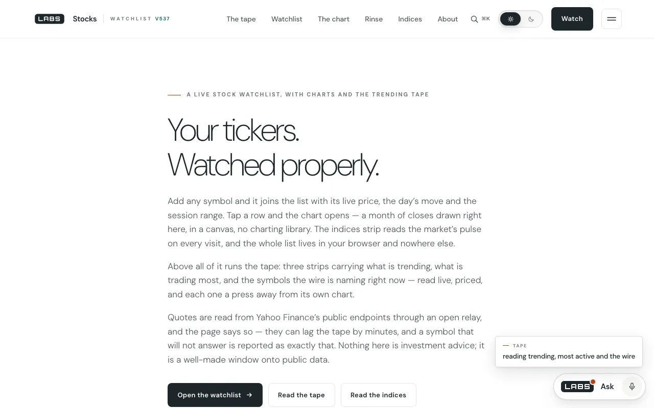 The Stocks page on labs.llc at desktop width: the headline “Your tickers. Watched properly.” above three paragraphs on the watchlist, the trending tape and the Yahoo relay, with buttons to open the watchlist, the tape and the indices.