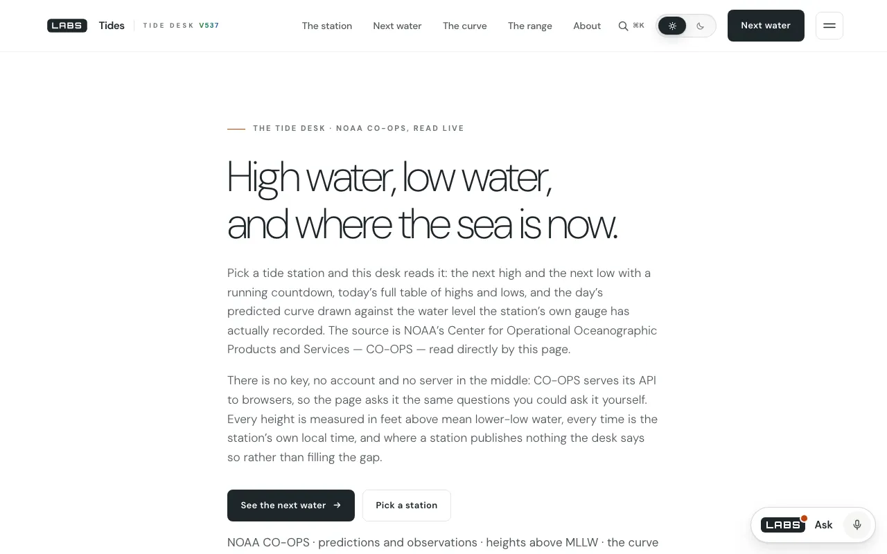 The Tides desk on labs.llc at desktop width: the headline “High water, low water, and where the sea is now”, two paragraphs on the NOAA source, and buttons to see the next water and pick a station.